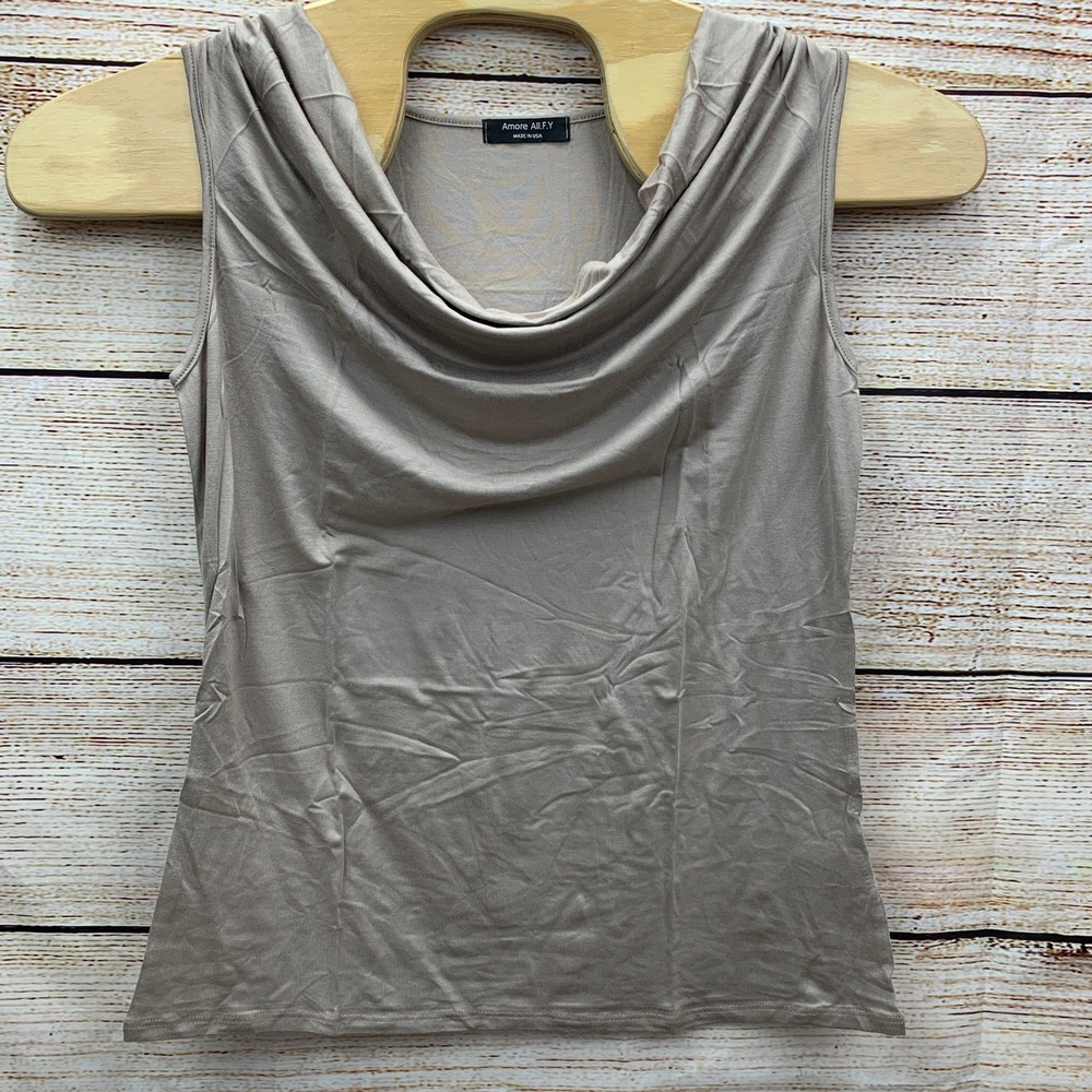 Amore AllFY Women's Ruched Cowl Neck Stretch Tank Top‎ Mocha XL New Made in USA